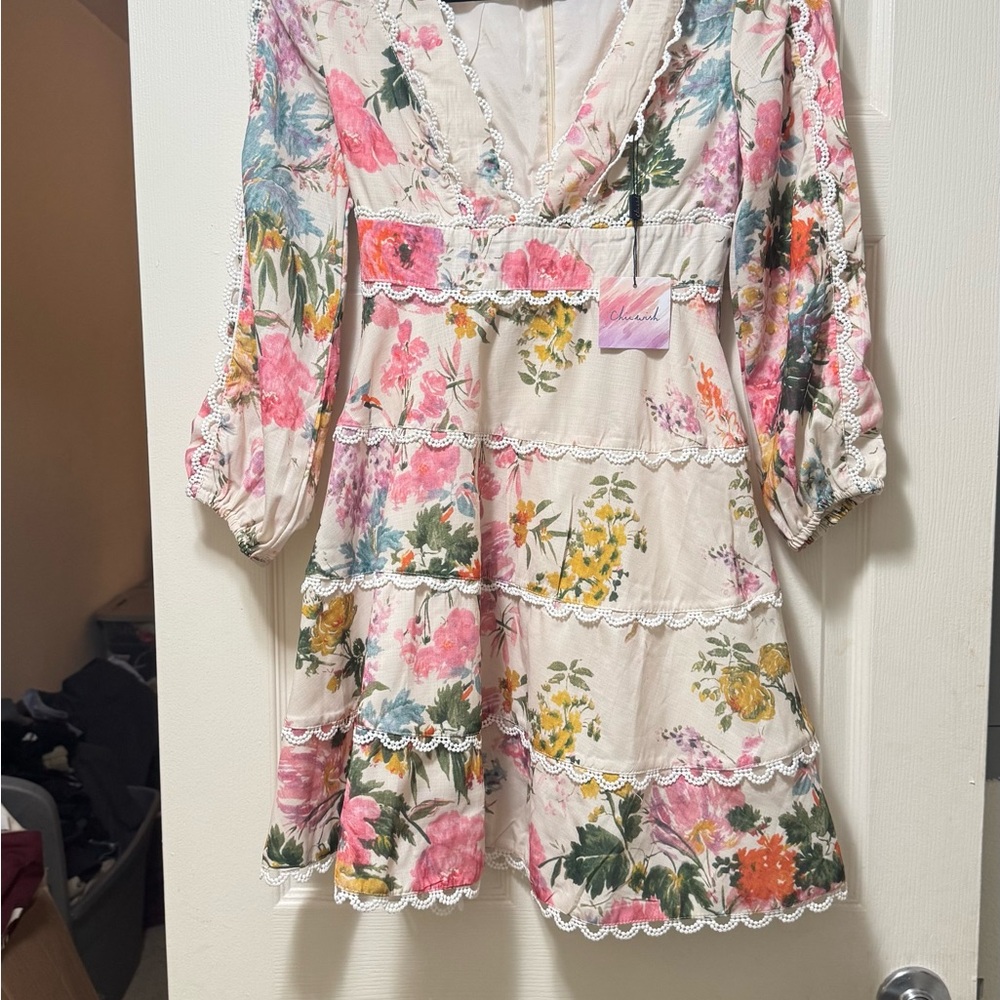 Chicwish Cream Floral Lace-Trim Mini Dress with Pink & Yellow Bouquet - Picture 3 of 8